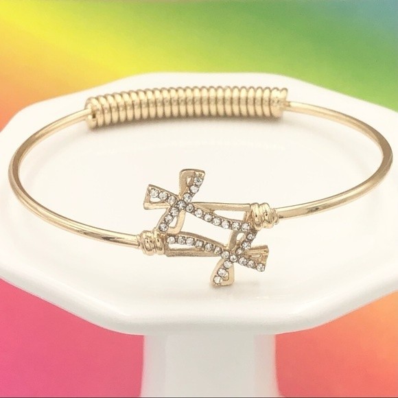 🌼 Gold Double Cross Rhinestone Spring Bangle Bracelet - Picture 1 of 2